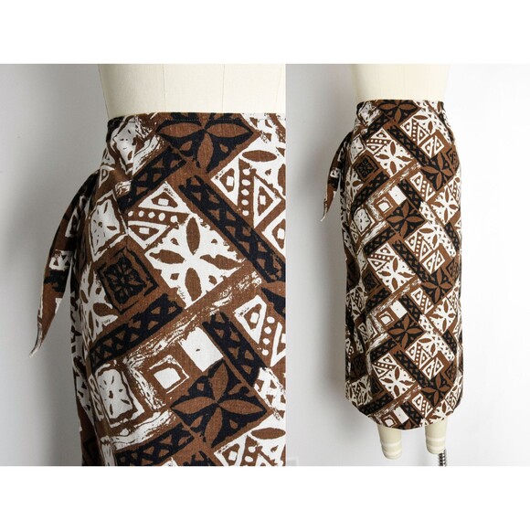 1990s Linen Blend Wrap Skirt Size Small 90s Block Print Vintage Express Skirt - Picture 4 of 8